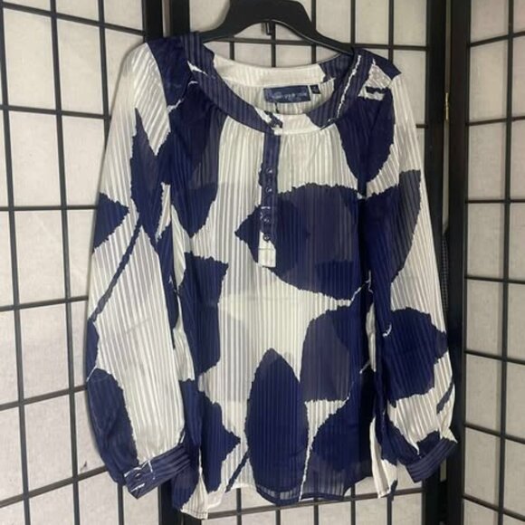 NWOT Susan Graver Style Long Sleeve Sheer Blue & White Blouse Size Medium - Picture 1 of 8